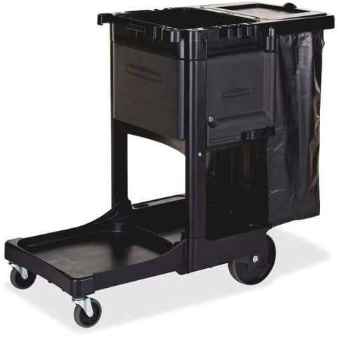 Rubbermaid Commercial Executive Janitorial Cleaning Cart, Plastic, 4 Shelves, 1 Bin, 12.1" x 22.4" x 23", Black