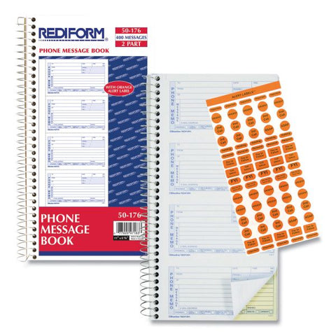 Rediform Wirebound Message Book, Two-Part Carbonless, 5 x 2.75, 4/Page, 400 Forms, 120 Labels