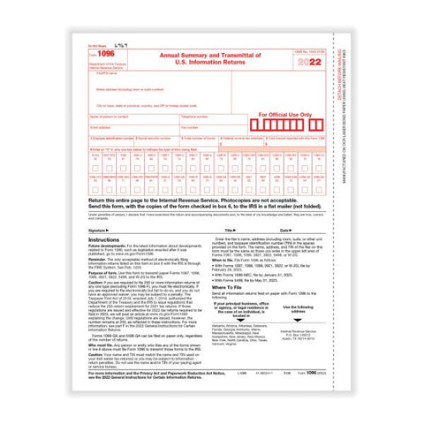 1096 Laser Tax Forms, 1-Part, 8-1/2" x 11", Pack Of 10 Forms