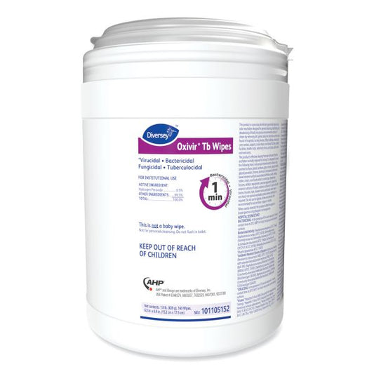 Diversey Oxivir TB Disinfectant Wipes, 6 x 6.9, Characteristic Scent, White, 160/Canister, 4 Canisters/Carton Ready-To-Use Wipe - 28.80 oz (1.80 lb) - 160 / Can - 4 / Carton