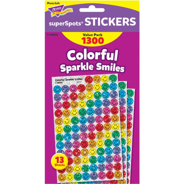 Trend SuperSpots Variety Pack Stickers 1300 x Smilies Shape - Self-adhesive - Acid-free, Non-toxic, Photo-safe - Assorted - 1300 / Pack