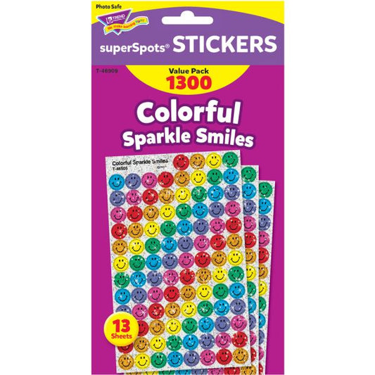 Trend SuperSpots Variety Pack Stickers 1300 x Smilies Shape - Self-adhesive - Acid-free, Non-toxic, Photo-safe - Assorted - 1300 / Pack