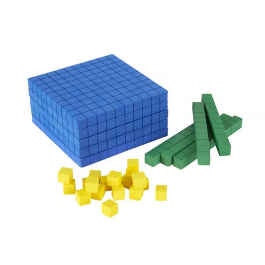 Base 10 Block Set, Yellow/Green/Blue, Pre-K, Set Of 125 Pieces