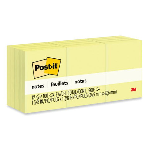 Post-it Notes Original Pads in Canary Yellow, 1 3/8 x 1 7/8, 100-Sheet, 12/Pack