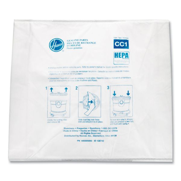 Hoover Commercial Disposable Vacuum Bags, HEPA CC1, 10/Pack