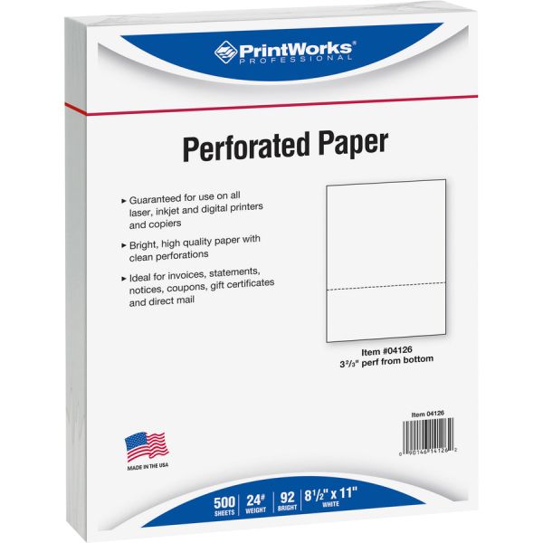 PrintWorks Professional Professional Office Paper, Perf 3 2/3" from Bottom, White, Letter, 24lb, 500/RM