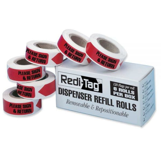 Redi-Tag Arrow Message Page Flag Refills, "Please Sign and Return", Red, 120 Flags/Roll, 6 Rolls/Box