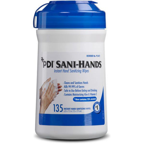 PDI Sani-Hands Instant Hand Sanitizing Wipes 6" x 7.50" - White - Hygienic, Moisturizing - For Hand, Residential - 135 Per Canister - 12 / Carton