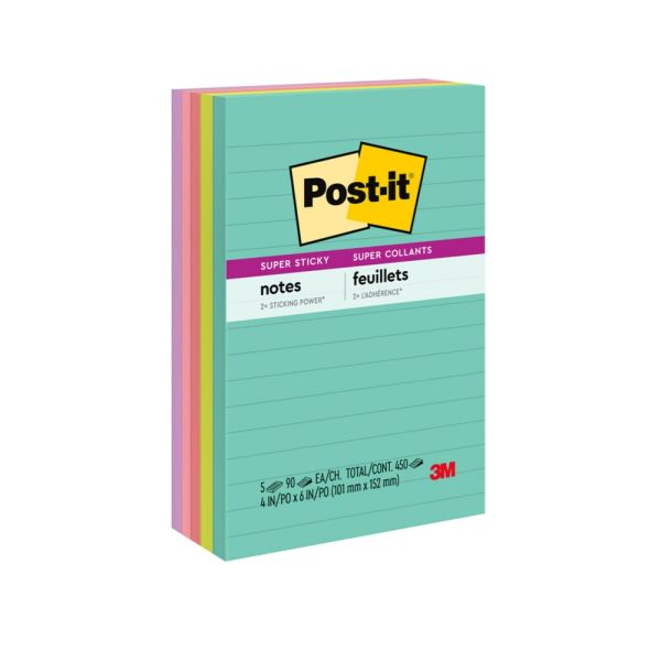 Post-it Super Sticky Notes, 4" x 6", Supernova Neons Collection, Lined, Pack Of 5 Pads