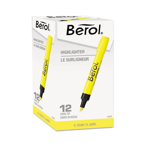 Berol 4009 Chisel Tip Highlighter, Fluorescent Yellow Ink, Chisel Tip, Yellow/Black Barrel, Dozen