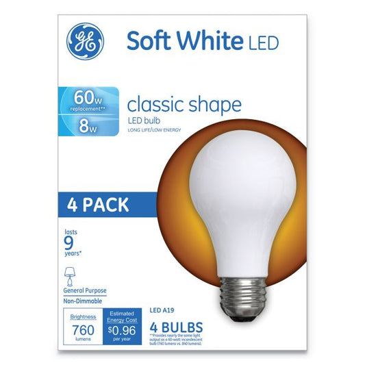 GE Classic LED Soft White Non-Dim A19 Light Bulb, 8W, 4/Pack