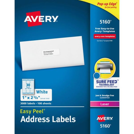 Avery Easy Peel White Address Labels w/ Sure Feed Technology, Laser Printers, 1 x 2.63, White, 30/Sheet, 100 Sheets/Box