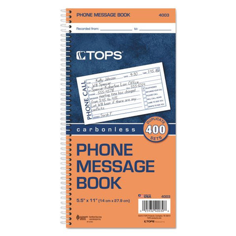 TOPS Spiralbound Message Book, Two-Part Carbonless, 5 x 2.75, 4 Forms/Sheet, 400 Forms Total