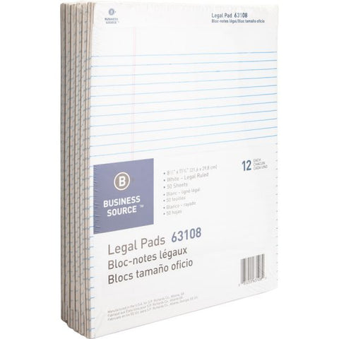 Business Source Letter-Size Legal Pads 8.50" x 11.75" - Wide Ruled - Perforated - 50 Sheets/ Pad - 12 Pads - White