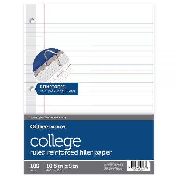 Reinforced Filler Paper, 8" x 10 1/2", College Ruled, White, Pack Of 100