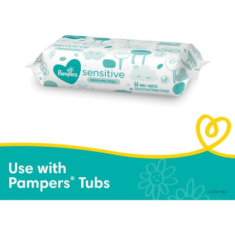 Pampers Baby Wipes Sensitive 7" x 6.80" - Clear - Cotton - Hypoallergenic, pH Balanced, Strong, Textured, Phenoxyethanol-free, Paraben-free, Alcohol-free, Unscented - For Skin - 72 Per Pouch - 8 / Carton