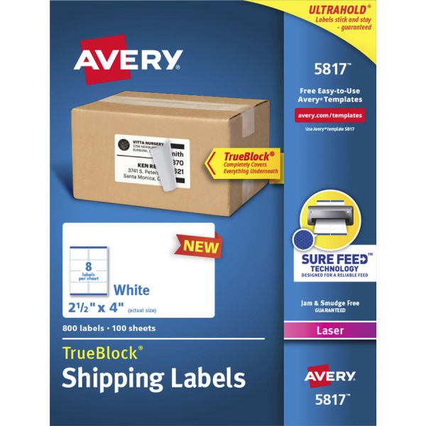 Avery TrueBlock Shipping Labels 2 1/2" Width x 4" Length - Permanent Adhesive - Laser - White - Paper - 8 / Sheet - 100 Total Sheets - 800 / Pack - Durable