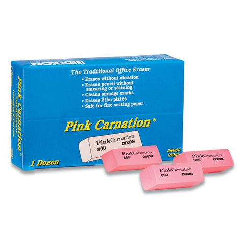 Dixon Pink Carnation Erasers, For Pencil Marks, Rectangular Block, Medium, Pink, Dozen