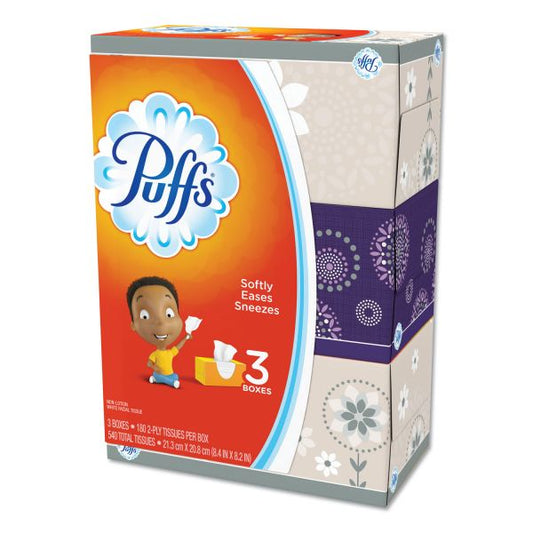 Puffs White Facial Tissue, 2-Ply, White, 180 Sheets/Box, 3 Boxes/Pack