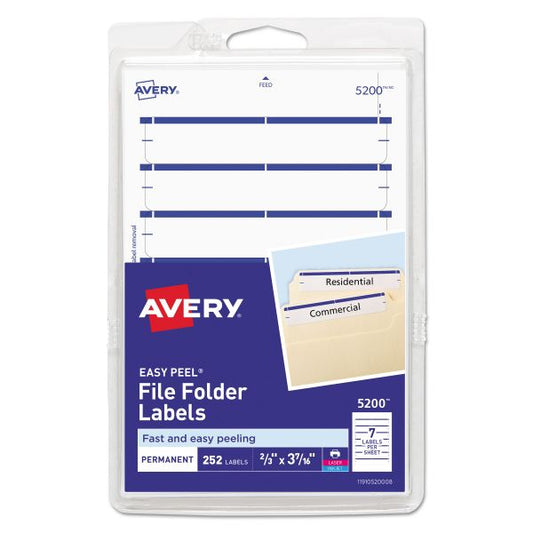 Avery Print or Write File Folder Labels, 11/16 x 3 7/16, White/Dark Blue Bar, 252/Pack