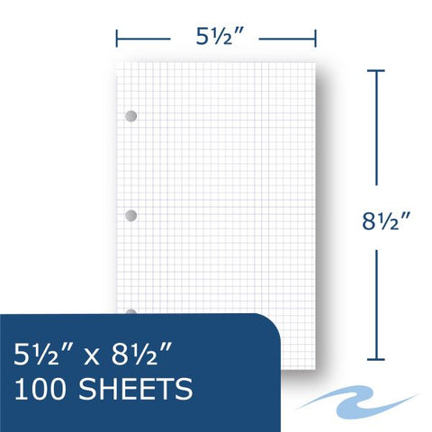 Filler Paper 8.5"x5.5" 5x5 Graph Ruled Case of 48 Packs of Looseleaf Filler Paper, 8.5"x11", 100 sheets of smooth medium weight 15# White Paper, 3-Hole Punched, 5x5 graph Ruled