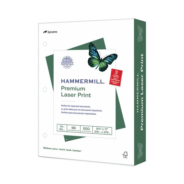 Hammermill Laser Print 3-Hole Punched Office Paper, 98 Brightness, 24 lb, 8 1/2 x 11, White, 500 Sheets/Ream