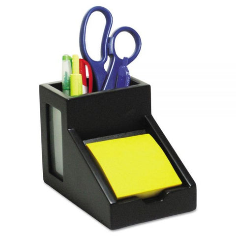 Victor Midnight Black Collection Pencil Cup with Note Holder, 2 Compartments, MDF/Frosted Glass/Faux Leather, 4 x 6.3 x 4.5, Wood