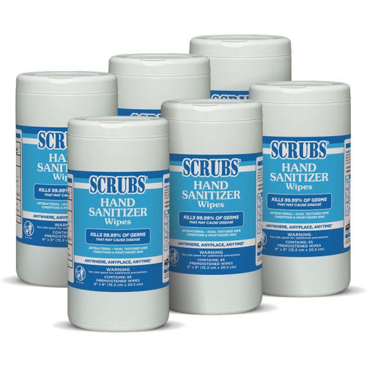 SCRUBS Hand Sanitizer Wipes Blue, White - Abrasive, Non-scratching, Textured - For Hand - 85 Per Canister - 6 / Carton