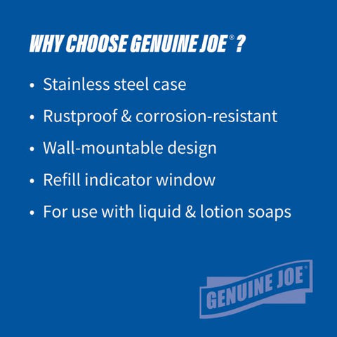 Genuine Joe Liquid/Lotion Soap Dispenser Manual - 31.50 fl oz Capacity - Corrosion Resistant, Wall Mountable, Rust Proof - Stainless Steel - 1Each