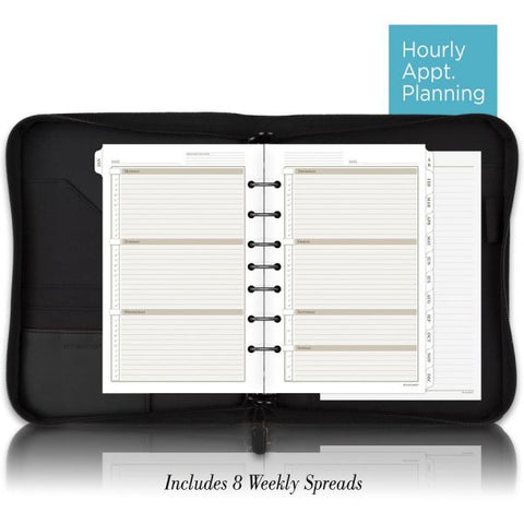 At-A-Glance Leather Zipcase Binder Starter Set, Undated Calendar 5 1/2" x 8 1/2" Sheet Size - 7 x Ring Fastener(s) - Leather - Black - Refillable, Zipper Closure, Storage Pocket, Notepad, Pen Loop - 1 Each