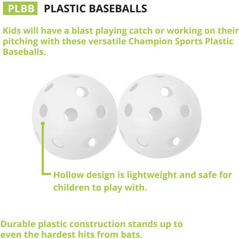 Champion Sports Plastic Baseballs, 9" Diameter, White, 12/Set