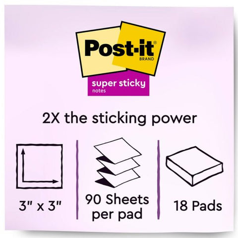 Post-it Notes Super Sticky Pop-Up Notes, 3" x 3", Supernova Neons Collection, 90 Notes Per Pad, Pack Of 18 Pads