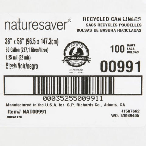 Nature Saver 60 Gallon Trash Bags, Black, Low-Density, 1.25 mil, 100/Carton Black Garbage Bag - Low-Density - 1.25 mil Thickness - 60 Gallon Capacity - 100/ Carton