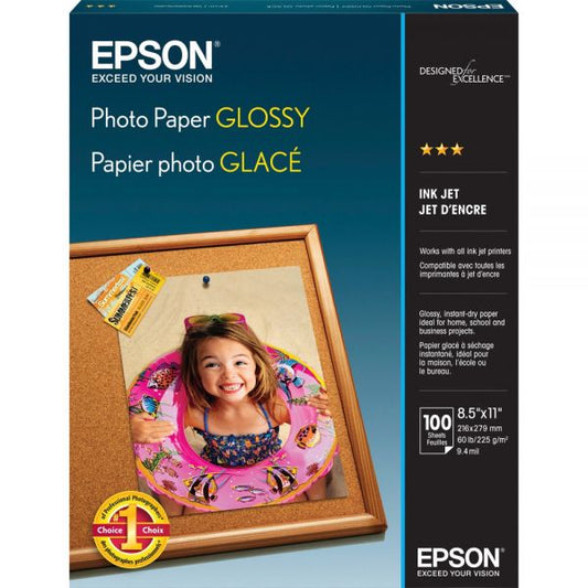 Epson Glossy Photo Paper, 9.4 mil, 8.5 x 11, Glossy White, 100/Pack