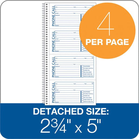 Adams Spiral Bound Phone Message Books 400 Sheet(s) - Spiral Bound - 2 Part - 5.25" x 11" Sheet Size - Assorted Sheet(s) - Recycled - 1 Each