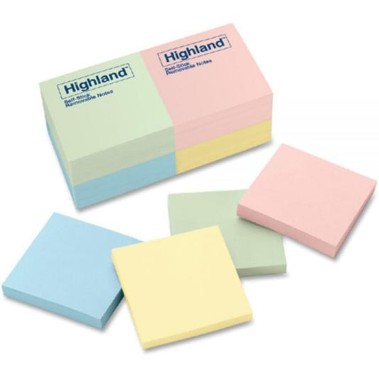 Highland Self-Stick Notes, 3" x 3", Assorted Pastel Colors, 100 Sheets/Pad, 12 Pads/Pack