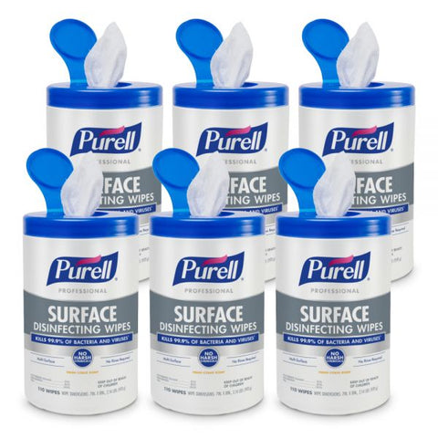 PURELL Professional Surface Disinfecting Wipes, Citrus Scent, 110 Count Canister, 7"x 8" Wipes, Pack of 6 Canisters