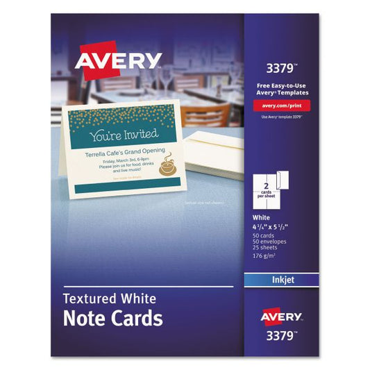 Avery Note Cards with Matching Envelopes, Inkjet, 65lb, 4.25 x 5.5, Textured Uncoated White, 50 Cards, 2 Cards/Sheet, 25 Sheets/Box