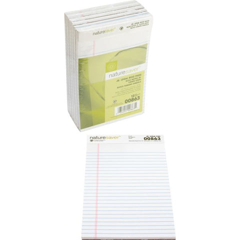 Nature Saver 100% Recycled Junior Legal Pads 5" x 8" - Legal Ruled - Perforated - 50 Sheets/ Pad - 12 Pads - White