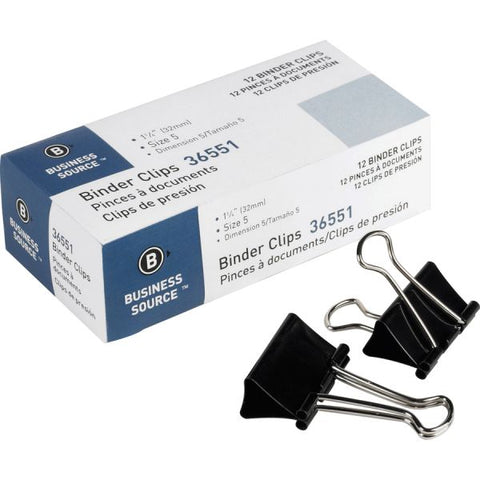 Business Source Medium Binder Clips 1 1/4" Width - 5/8" Capacity - 12/ Pack - Black