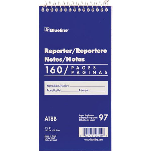 Blueline Reporter Notebook 160 Sheets - Spiral - 4" x 8" - White Cover - 1Each