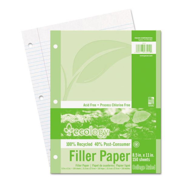 Pacon Ecology Filler Paper, 3-Hole, 8.5 x 11, Medium/College Rule, 150/Pack