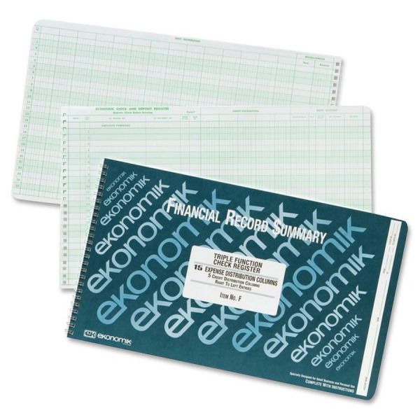 Ekonomik Triple-function Check Register 8.75" x 14.75" - 20 Columns - 25 Lines - 40 Sheets/ Book - Wire Binding - Green/Blue Color - 1 Each