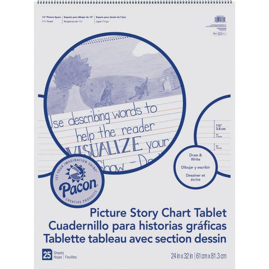 Pacon Ruled Picture Story Chart Tablet 25 Sheets - Printed - Spiral Bound - Both Side Ruling Surface - Ruled - 24" x 32" - White Paper - Recycled - 25Sheet