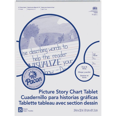 Pacon Ruled Picture Story Chart Tablet 25 Sheets - Printed - Spiral Bound - Both Side Ruling Surface - Ruled - 24" x 32" - White Paper - Recycled - 25Sheet