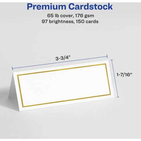 Avery Laser, Inkjet Printable Place Card - Gold, White 97 Brightness - 3 3/4" x 1 7/16" - 65 lb Basis Weight - 176 g/m&#178; Grammage - Matte - 5 / Pack - FSC Mix - Perforated, Print-to-the-edge, Pre-scored