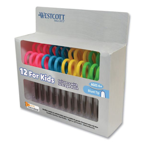 Westcott Kids' Scissors with Antimicrobial Protection, Rounded Tip, 5" Long, 2" Cut Length, Assorted Straight Handles, 12/Pack