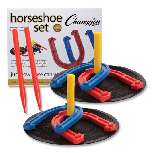 Champion Sports Indoor/Outdoor Rubber Horseshoe Set, 4 Rubber Horseshoes, 2 Rubber Mats, 2 Plastic Dowels