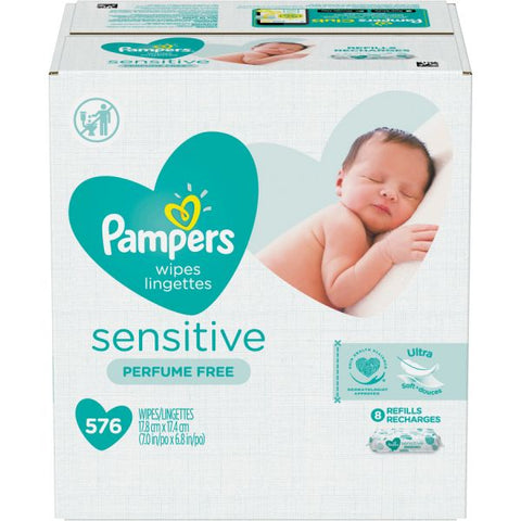 Pampers Baby Wipes Sensitive 7" x 6.80" - Clear - Cotton - Hypoallergenic, pH Balanced, Strong, Textured, Phenoxyethanol-free, Paraben-free, Alcohol-free, Unscented - For Skin - 72 Per Pouch - 8 / Carton