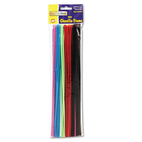 Creativity Street Regular Stems, 12" x 4 mm, Metal Wire, Polyester, Assorted, 100/Pack